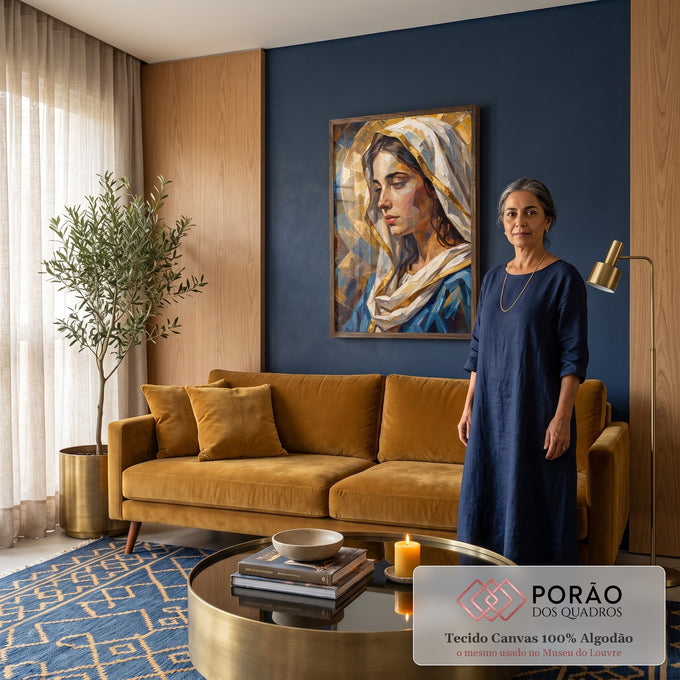 Quadro Decorativo Grande Virgem Maria de Perfil para Sala | quadros decorativos para sala de estar | figura feminina de véu branco e manto azul com halo dourado em estilo mosaico | em ambiente 3 | Porao dos Quadros