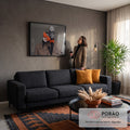 Quadro Decorativo Grande Máscaras Listradas para Sala | quadros decorativos para sala de estar | duas figuras com rosto pintado, óculos de coração laranja e máscara listrada preto e branco | em ambiente 3 | Porao dos Quadros