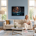 Rosto de leão com um olho azul e outro âmbar, focinho mergulhado na água, fundo escuro, quadro decorativo
