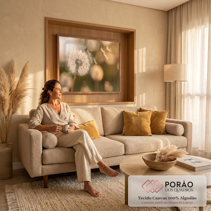 Quadro Decorativo Grande Flores Dente de Leão para Sala | quadros decorativos para sala de estar | dente-de-leão branco soltando sementes ao vento com luz dourada e fundo desfocado | em ambiente 3 | Porao dos Quadros