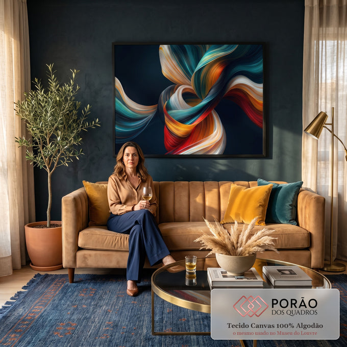 Quadro Decorativo Grande Fitas Abstratas para Sala Azul | quadros decorativos para sala de estar | fitas abstratas entrelaçadas em azul, dourado e vermelho sobre fundo escuro | em ambiente 3 | Porao dos Quadros