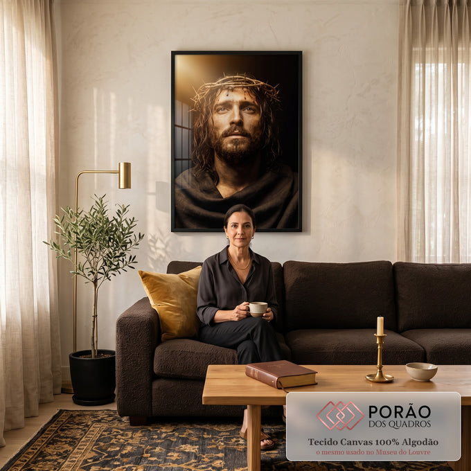 Quadro Decorativo Grande Jesus Cristo para Sala Preto | quadros decorativos para sala de estar | retrato de Jesus Cristo com coroa de espinhos e sangue na testa, fundo escuro com luz dourada | em ambiente 3 | Porao dos Quadros