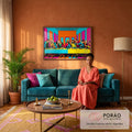 Quadro Decorativo Grande Santa Ceia Pop para Sala Rosa | quadros decorativos para sala de estar | última ceia em estilo pop art com cores vibrantes rosa azul e laranja | em ambiente 3 | Porao dos Quadros