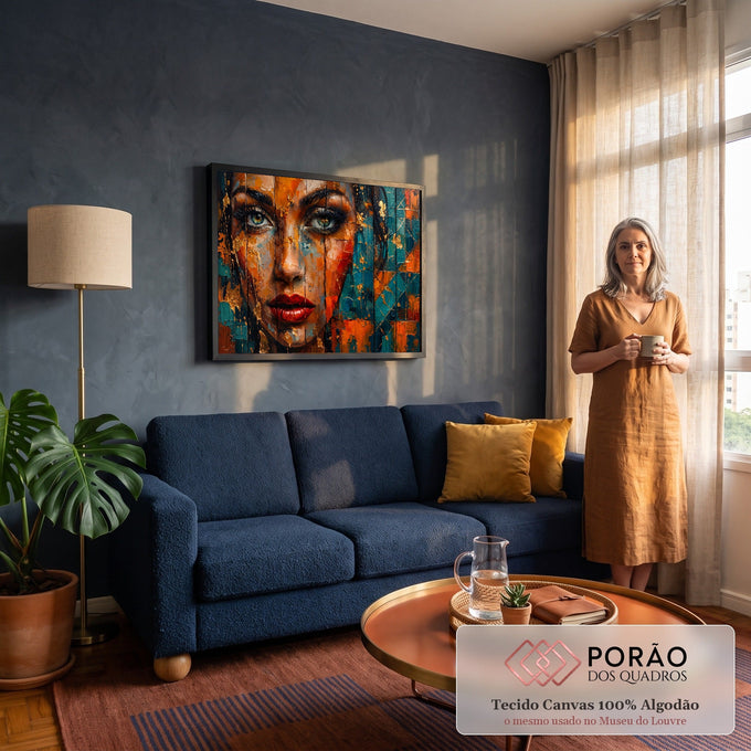 Rosto de mulher texturizado em laranja e azul petróleo com lábios vermelhos e ouro, quadro decorativo