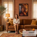 Quadro Decorativo Grande Jesus para Sala Dourado | quadros decorativos para sala de estar | retrato de Jesus com coroa de espinhos ao lado de leão dourado em tons de fogo | em ambiente 3 | Porao dos Quadros