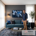 Pintura de arranha-céus espelhados vistos de baixo refletindo céu azul e nuvens, quadro decorativo