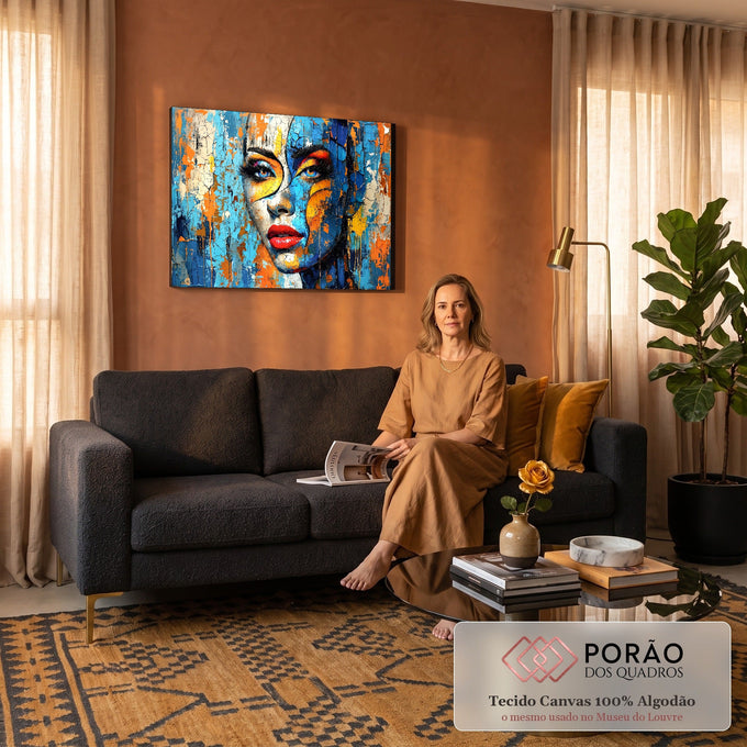 Quadro Decorativo Grande Rosto Laranja para Sala Azul | quadros decorativos para sala de estar | rosto feminino abstrato com textura rachada em azul, laranja e amarelo | em ambiente 3 | Porao dos Quadros