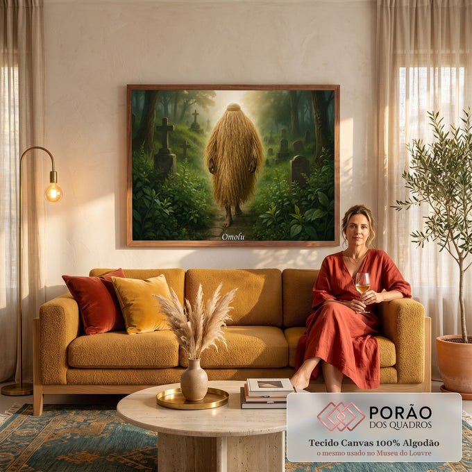 Orixá Omolu coberto por manto de palha caminhando em cemitério na mata verde enevoada, quadro decorativo