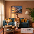 Quadro Decorativo Grande Árvore e Barco para Sala Laranja | quadros decorativos para sala de estar | árvore de raízes expostas com barco de madeira à beira de rio ao pôr do sol | em ambiente 3 | Porao dos Quadros