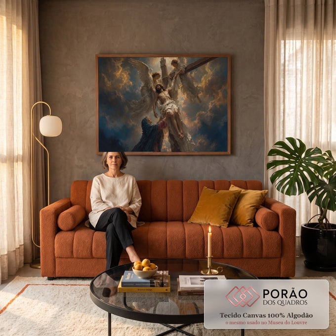 Pintura de Jesus descido da cruz por anjos com Maria aos pés sob céu azul e dourado, quadro decorativo
