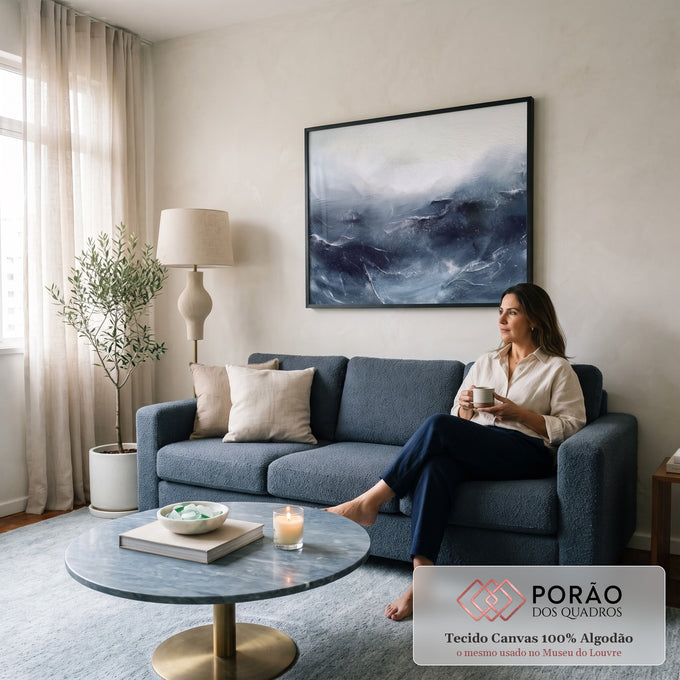 Quadro Decorativo Grande Mar Tempestuoso para Sala Azul | quadros decorativos para sala de estar | mar abstrato em azul-marinho com ondas e céu branco nublado | em ambiente 3 | Porao dos Quadros