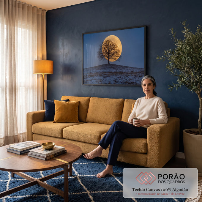 Quadro Decorativo Grande Árvore Silhuetada para Sala Azul | quadros decorativos para sala de estar | árvore sem folhas silhuetada contra lua cheia dourada em céu azul noturno | em ambiente 3 | Porao dos Quadros