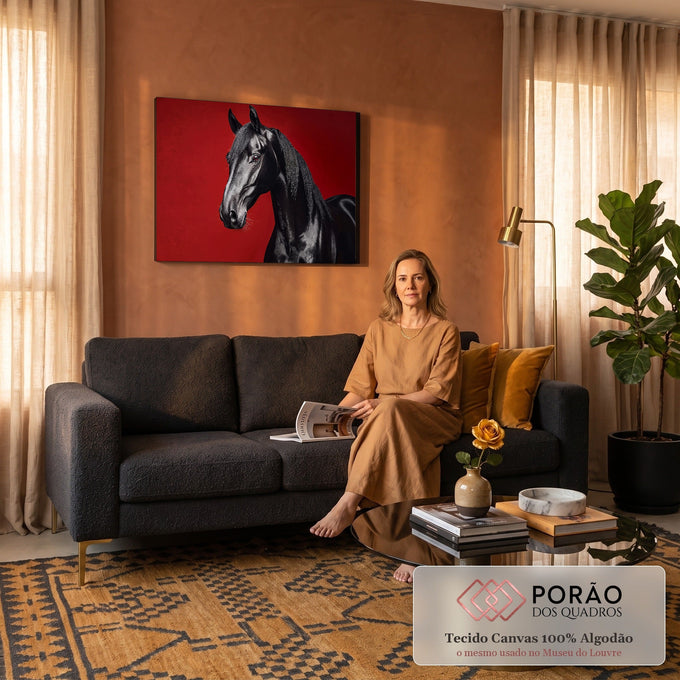 Quadro Decorativo Grande Cavalo Crina para Sala Preto | quadros decorativos para sala de estar | cavalo preto de perfil com crina longa sobre fundo vermelho vibrante | em ambiente 3 | Porao dos Quadros