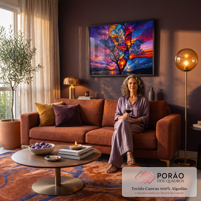 Árvore surreal com galhos em vitral de céus, pôr do sol, lua e cerejeiras em roxo, quadro decorativo