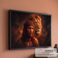 Jesus com coroa de espinhos ao lado do Leão de Judá em fundo de fogo e fumaça laranja, quadro decorativo