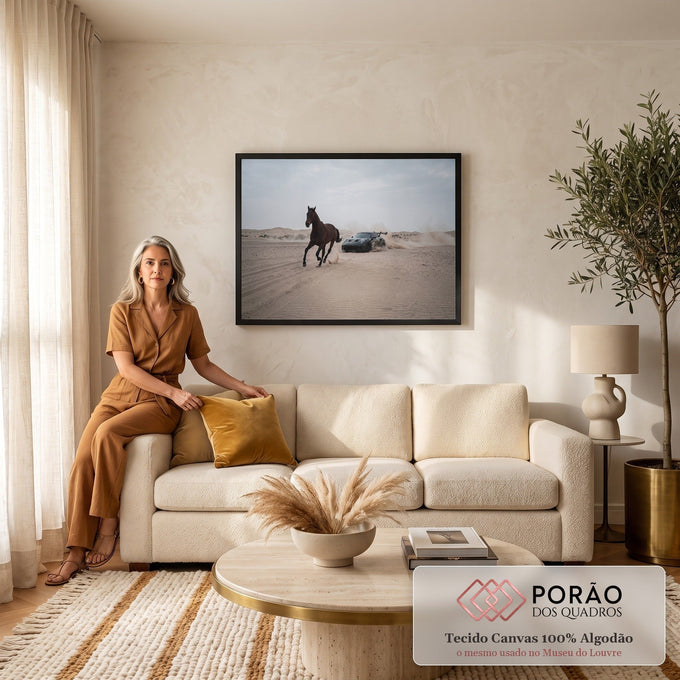 Quadro Decorativo Grande Cavalo Galopando para Sala Bege | quadros decorativos para sala de estar | cavalo marrom galopando em deserto com carro esportivo derrapando ao fundo | em ambiente 3 | Porao dos Quadros