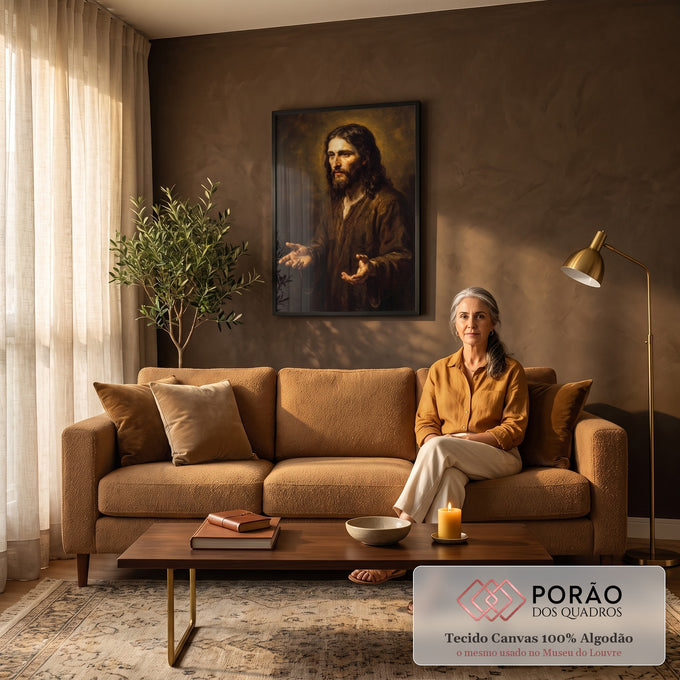 Quadro Decorativo Grande Jesus Cristo de Mãos para Sala | quadros decorativos para sala de estar | retrato de Jesus Cristo com mãos abertas e túnica marrom em fundo escuro dourado | em ambiente 3 | Porao dos Quadros