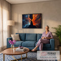 Dois perfis de rosto, um azul gelo e outro laranja fogo, prestes a se beijar no cosmos, quadro decorativo