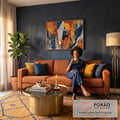 Quadro Decorativo Grande Perfil Feminino para Sala Azul | quadros decorativos para sala de estar | perfil feminino em azul escuro com sol dourado e formas geométricas coloridas ao fundo | em ambiente 3 | Porao dos Quadros