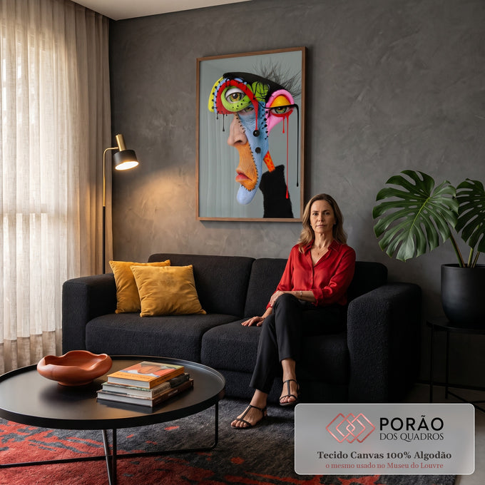Rosto surreal com retalhos coloridos, três olhos, costuras e gotas pretas e vermelhas, quadro decorativo