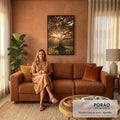 Quadro Decorativo Árvore Dourada ao Pôr do Sol | quadros decorativos para sala de estar | árvore de folhas douradas em contraluz com o sol atrás do tronco ao entardecer | em Quadros para Escritorio | Porao dos Quadros