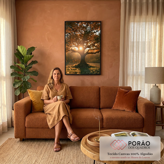 Quadro Decorativo Árvore Dourada ao Pôr do Sol | quadros decorativos para sala de estar | árvore de folhas douradas em contraluz com o sol atrás do tronco ao entardecer | em Quadros para Escritorio | Porao dos Quadros