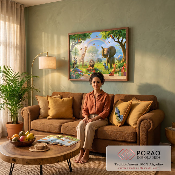 Safári infantil com leão, girafa, elefante, zebra, arco-íris, borboletas e brinquedos, quadro decorativo