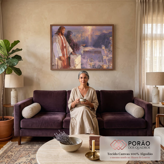 Quadro Decorativo Jesus Apontando para o Templo de Jerusalém | quadros decorativos para sala de estar | Jesus e discípulo observam Jerusalém sob luz dourada vindo do céu roxo | em Quadros para Quarto | Porao dos Quadros