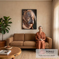 Quadro Decorativo Rosto Esculpido em Madeira com Textura | quadros decorativos para sala de estar | rosto de madeira esculpido em perfil com rugas profundas e textura rústica sob luz quente | em ambiente 3 | Porao dos Quadros