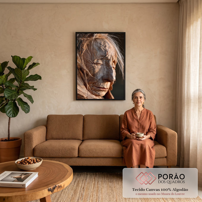 Quadro Decorativo Rosto Esculpido em Madeira com Textura | quadros decorativos para sala de estar | rosto de madeira esculpido em perfil com rugas profundas e textura rústica sob luz quente | em ambiente 3 | Porao dos Quadros
