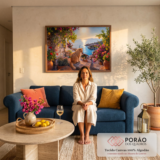 Gato ruivo sentado em terraço de pedra com limoeiros, buganvílias e mar azul ao pôr do sol, quadro decorativo