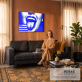 Quadro Decorativo Grande Boca Aberta para Sala Azul | quadros decorativos para sala de estar | boca aberta com dentes e língua em efeito halftone azul e branco | em ambiente 3 | Porao dos Quadros