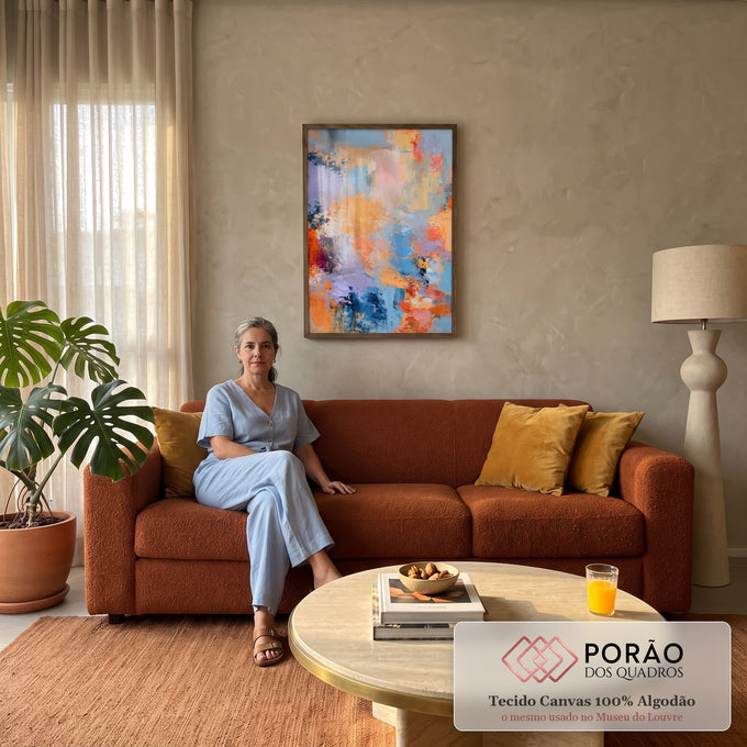 Quadro Decorativo Abstrato Laranja e Azul com Textura | quadros decorativos para sala de estar | pintura abstrata texturizada em laranja, azul, lavanda e creme | em ambiente 3 | Porao dos Quadros