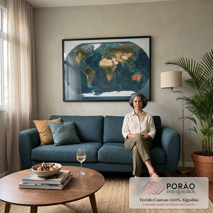 Quadro Decorativo Grande Mapa Mundi em Relevo para Sala Azul | quadros decorativos para sala de estar | mapa-múndi em relevo com continentes verdes e oceanos azul-petróleo escuro | em ambiente 3 | Porao dos Quadros