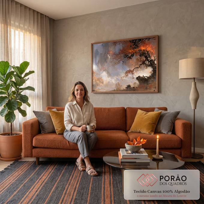 Quadro Decorativo Árvore Outonal com Cachoeira e Pagode | quadros decorativos | árvore de folhas laranja sobre paisagem montanhosa com cachoeira e pagode oriental | em Quadros para Escritorio | Porao dos Quadros