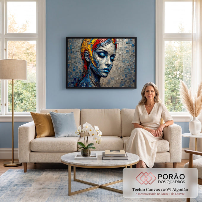 Rosto de mulher de olhos fechados em mosaico azul e cinza com cabelo vermelho e amarelo, quadro decorativo