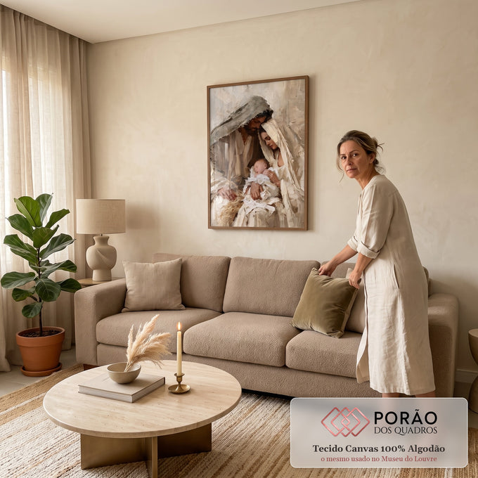 Quadro Decorativo Sagrada Família com Bebê em Tons Bege | quadros decorativos para sala de estar | homem e mulher inclinados com carinho sobre bebê enrolado em panos brancos | em Quadros para Escritorio | Porao dos Quadros