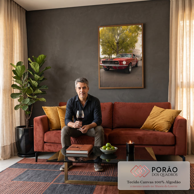 Mustang fastback vermelho com faixas pretas sob árvore amarelada e torre branca, quadro decorativo