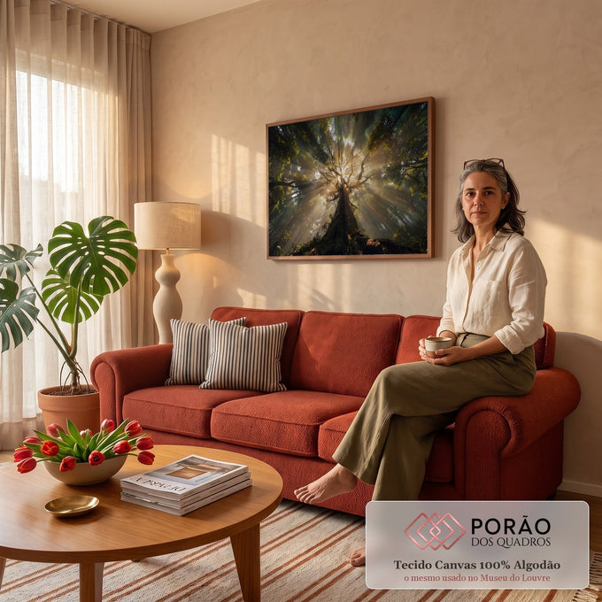 Quadro Decorativo Grande Árvore com Floresta para Sala Verde | quadros decorativos para sala de estar | tronco de árvore visto de baixo com raios de sol atravessando a copa verde dourada | em ambiente 3 | Porao dos Quadros