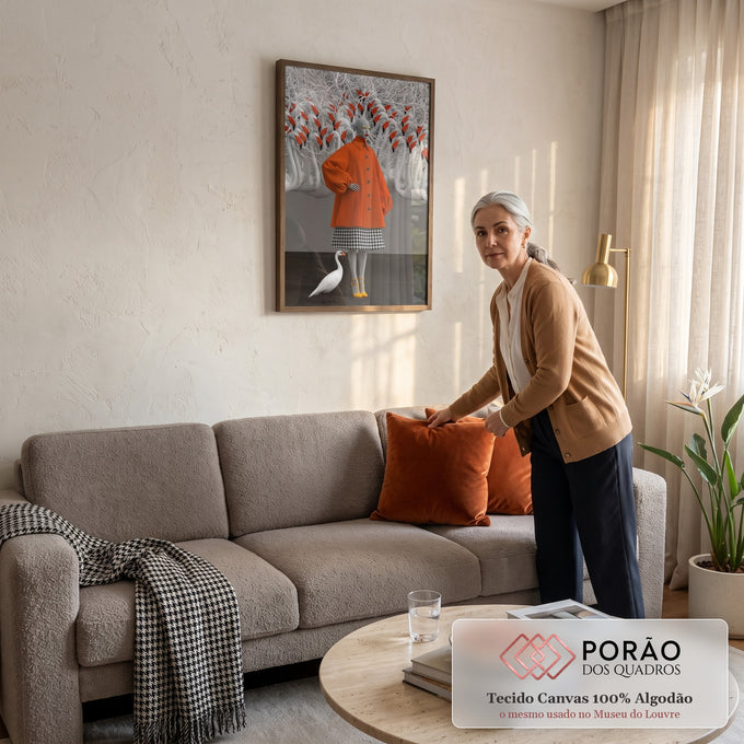 Mulher surreal de casaco laranja e saia xadrez entre cisnes brancos e galhos, quadro decorativo