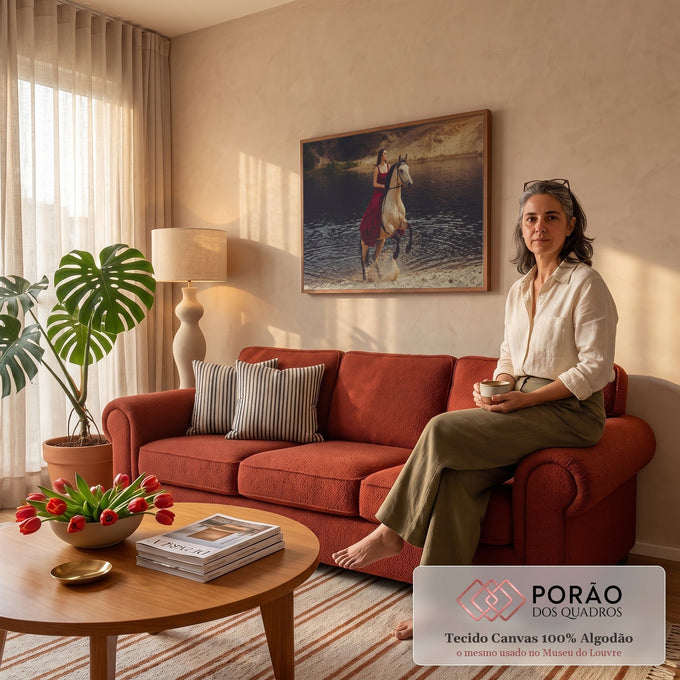Quadro Decorativo Grande Mulher de Vestido para Sala | quadros decorativos para sala de estar | mulher de vestido vermelho sobre cavalo bege empinando na água ao entardecer | em ambiente 3 | Porao dos Quadros