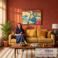 Mona Lisa em azul e amarelo sobre faixas vermelhas e azuis com efeito glitch, quadro decorativo
