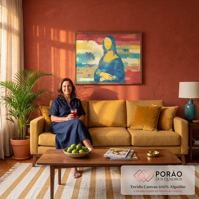 Mona Lisa em azul e amarelo sobre faixas vermelhas e azuis com efeito glitch, quadro decorativo