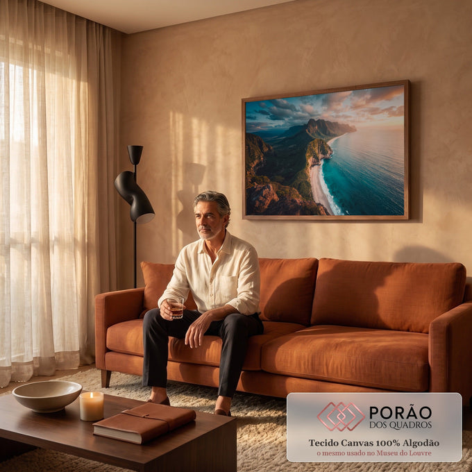 Quadro Decorativo Grande Falésias Verdes para Sala Azul | quadros decorativos para sala de estar | vista aérea de falésias verdes, praia branca e mar turquesa ao pôr do sol | em ambiente 3 | Porao dos Quadros