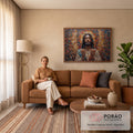 Jesus Cristo de olhos fechados e mãos abertas em mosaico de madeira colorido com halo, quadro decorativo