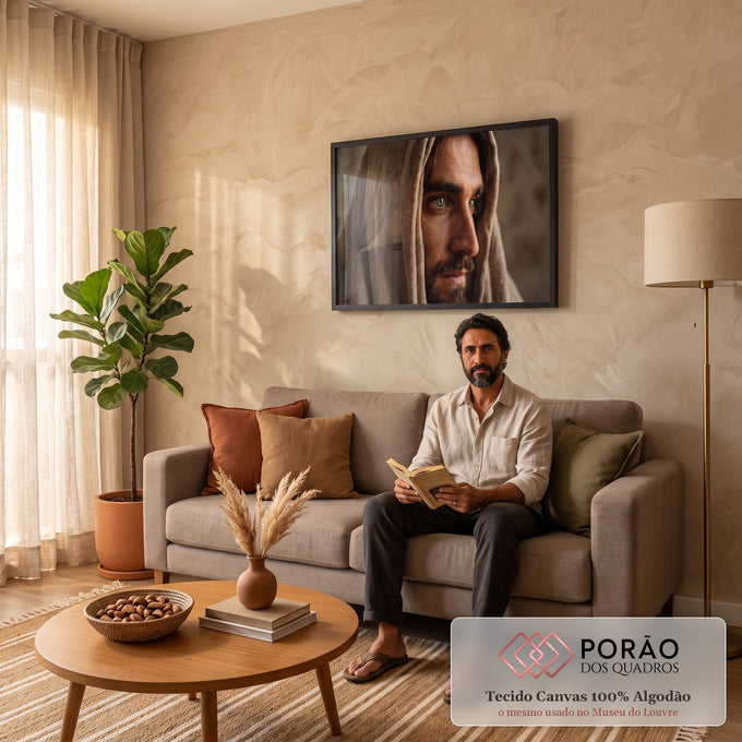 Quadro Decorativo Grande Homem de Capuz para Sala Bege | quadros decorativos para sala de estar | retrato masculino em closeup com capuz de tecido bege e olhos verdes intensos | em ambiente 3 | Porao dos Quadros