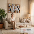 Rosto feminino de olhos fechados em blocos geométricos dourados, brancos e pretos, quadro decorativo