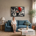 Quadro Decorativo Grande Mulher com Rosa para Sala Preto | quadros decorativos para sala de estar | mulher em preto e branco com chapéu ondulado, rosa vermelha e lábios vibrantes | em ambiente 3 | Porao dos Quadros