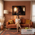 Quadro Decorativo Grande Homem com Manto para Sala Marrom | quadros decorativos para sala de estar | homem de barba e cabelo longo iluminado por luz dourada em caverna de pedra | em ambiente 3 | Porao dos Quadros
