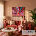 Quadro Decorativo Grande Cânion Abstrato Vermelho para Sala | quadros decorativos para sala de estar | cânion abstrato com paredes onduladas em listras de vermelho, rosa, laranja e turquesa | em ambiente 3 | Porao dos Quadros